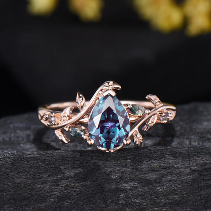 Pear Shaped Alexandrite Ring Set Leaf Vine Moss Agate Wedding Promise Gift