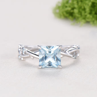 2CT Natural Princess Cut Aquamarine ring Leaf Branch March Birthstone Engagement Ring Nature Inspired Wedding Ring Unique Twig Promise Gift