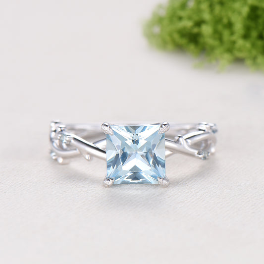 2CT Natural Princess Cut Aquamarine ring Leaf Branch March Birthstone Engagement Ring Nature Inspired Wedding Ring Unique Twig Promise Gift