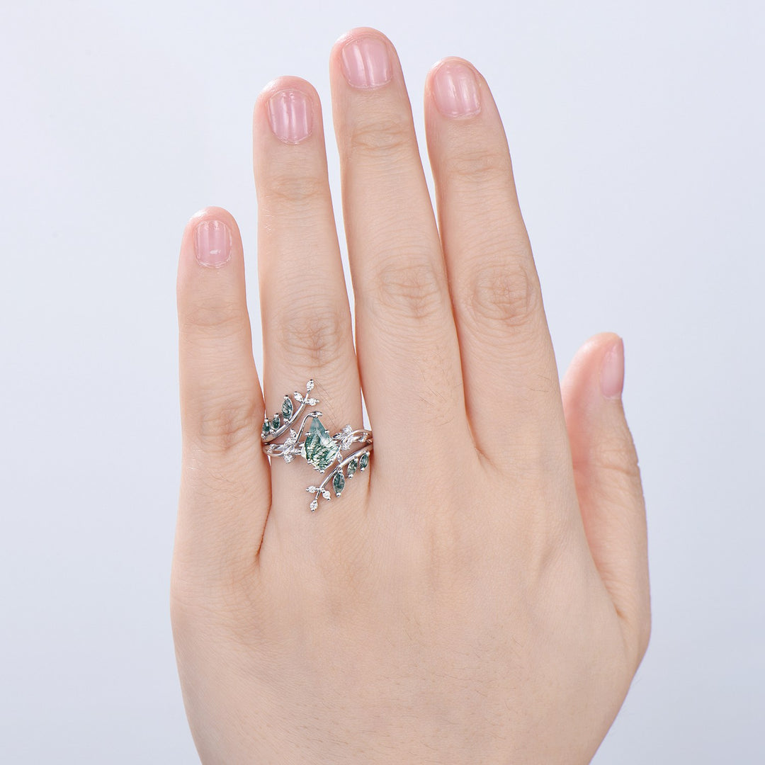 Nature Inspired Kite cut moss agate ring set black gold unique leaf branch marquise cut green agate engagement ring bridal wedding ring set - PENFINE