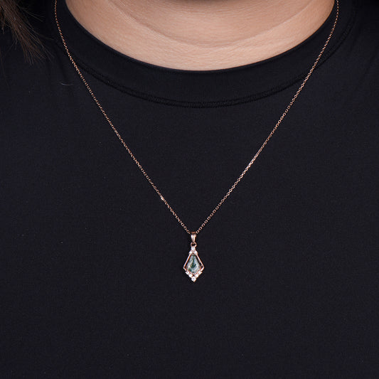 Vintage 1CT Kite Cut Moss Agate Necklace Silver White Gold Green Agate Diamond Pendant Necklace Anniversary Gift for Women