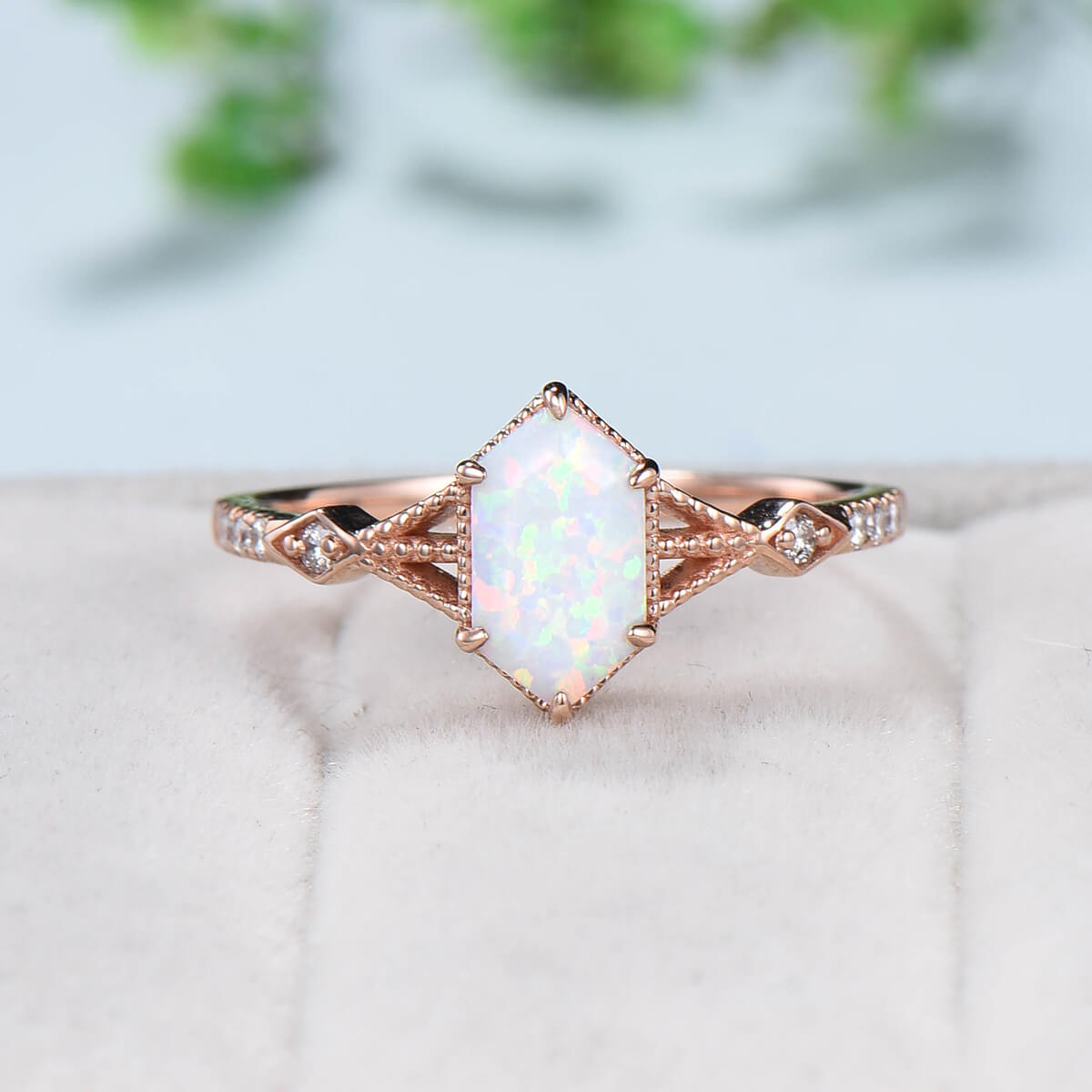 5X9mm long hexagon white opal ring engagement ring set vintage fire opal  moissanite wedding ring set double curved v stacking matching band - PENFINE
