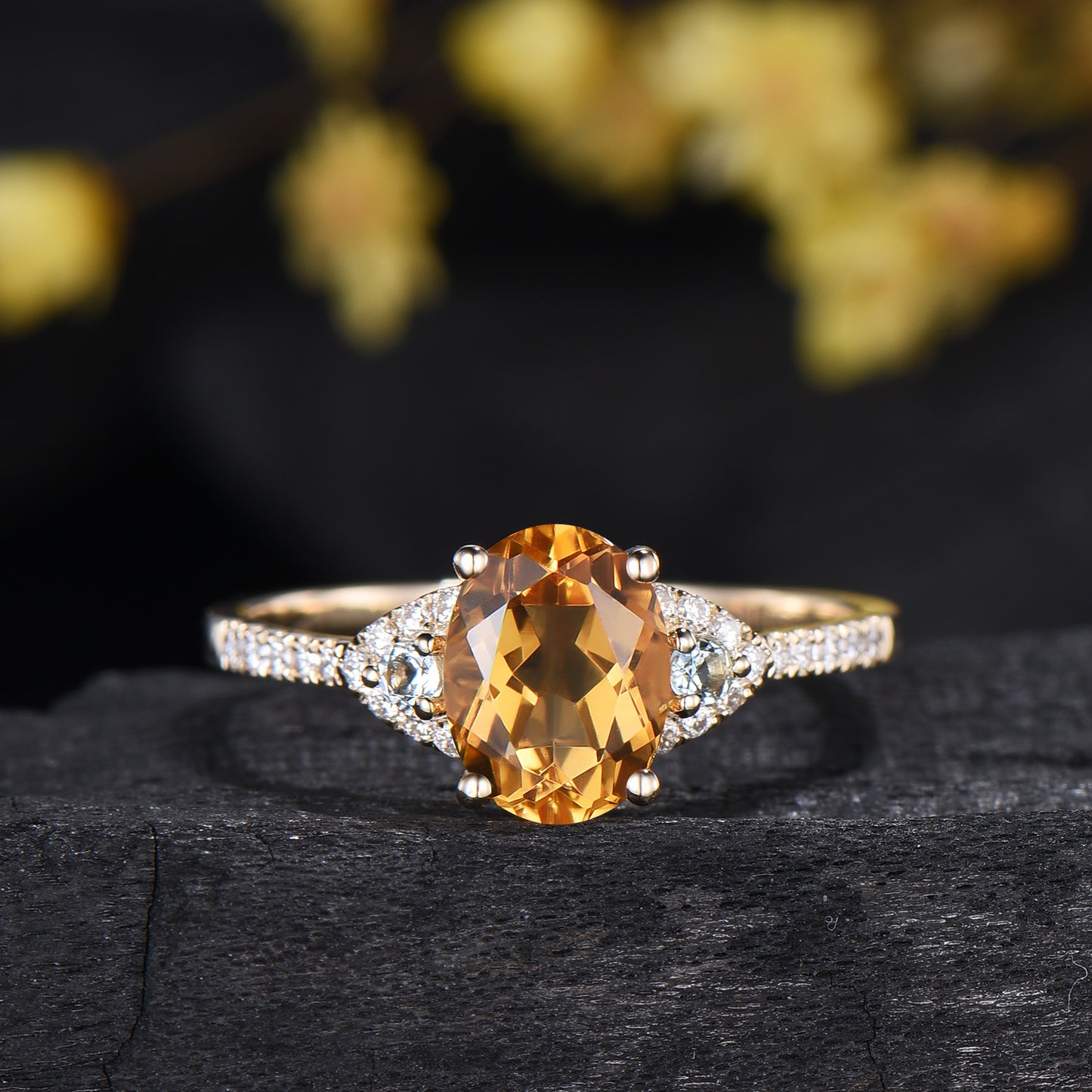 Oval Cut Natural Citrine Engagement Ring Diamond Matching Band Cluster Bridal Set