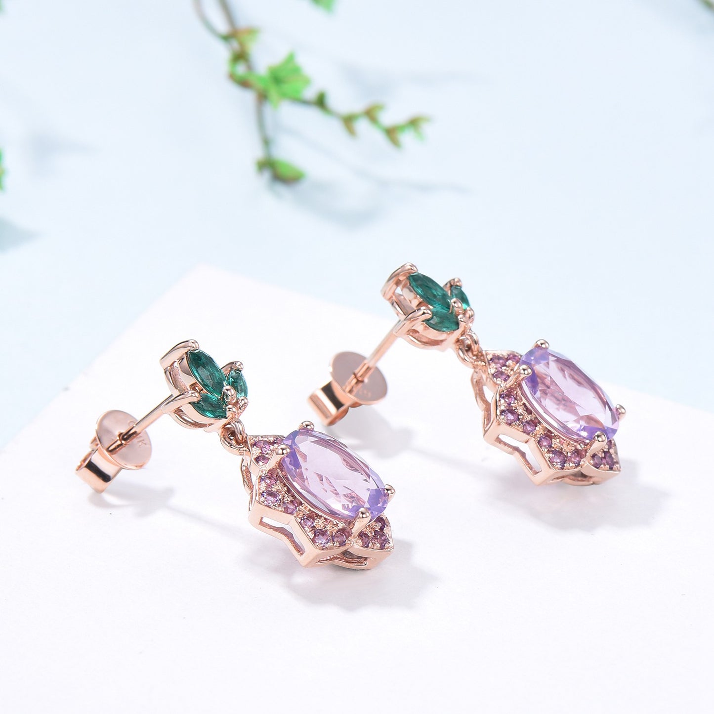 Vintage Lavender Amethyst earrings Unique  Halo Amethyst Marquise Emerald Stud Earrings  Women 14k 18k rose gold Febmber birthstone earrings - PENFINE