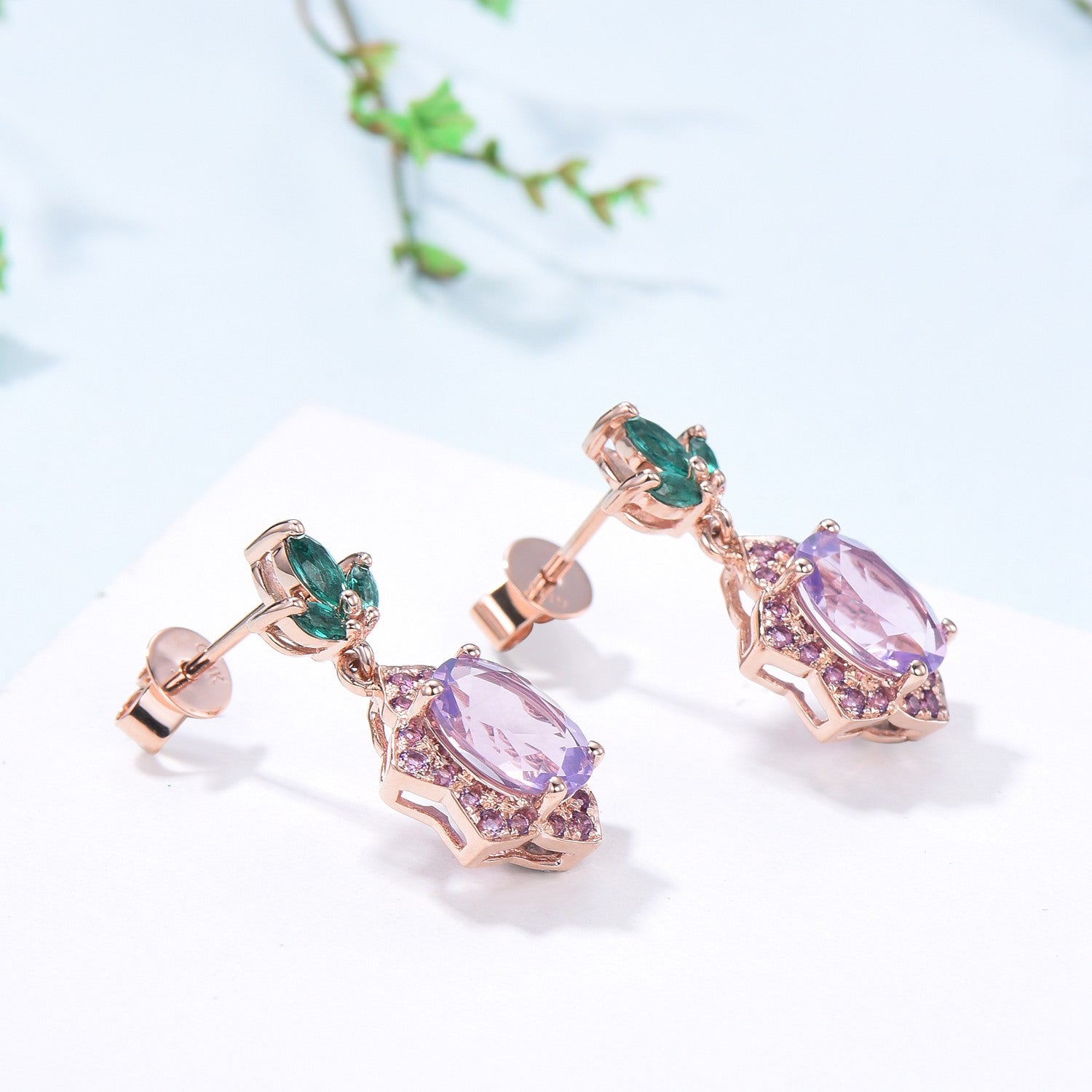 Vintage Lavender Amethyst earrings Unique  Halo Amethyst Marquise Emerald Stud Earrings  Women 14k 18k rose gold Febmber birthstone earrings - PENFINE