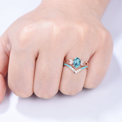 Unique Oval Turquoise engagement ring set 14k white gold vintage split shank engagement ring for women Blue Enamel Wedding Ring Antique Gift - PENFINE