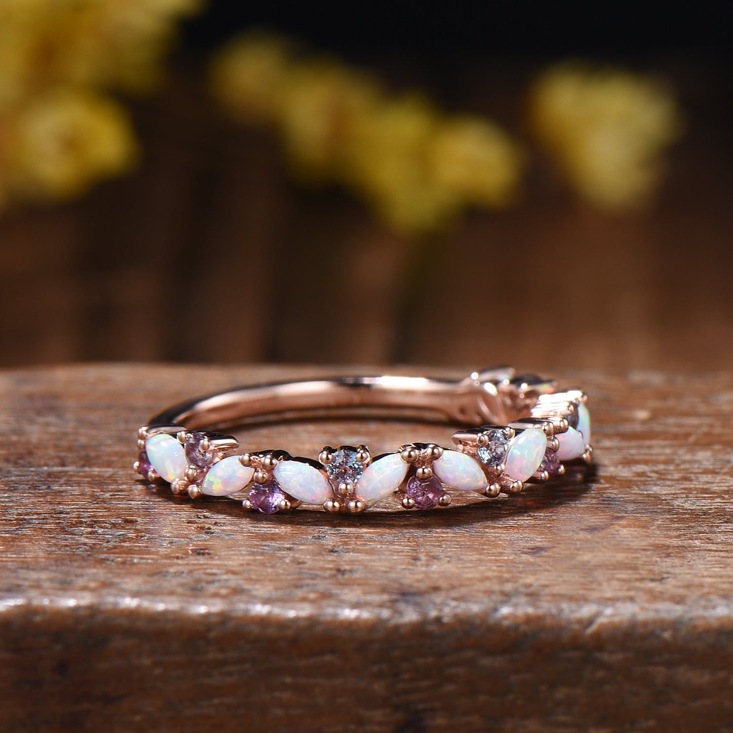 Marquise Opal Wedding Band: Alternative alexandrite amethyst Solid Gold Anniversary Ring