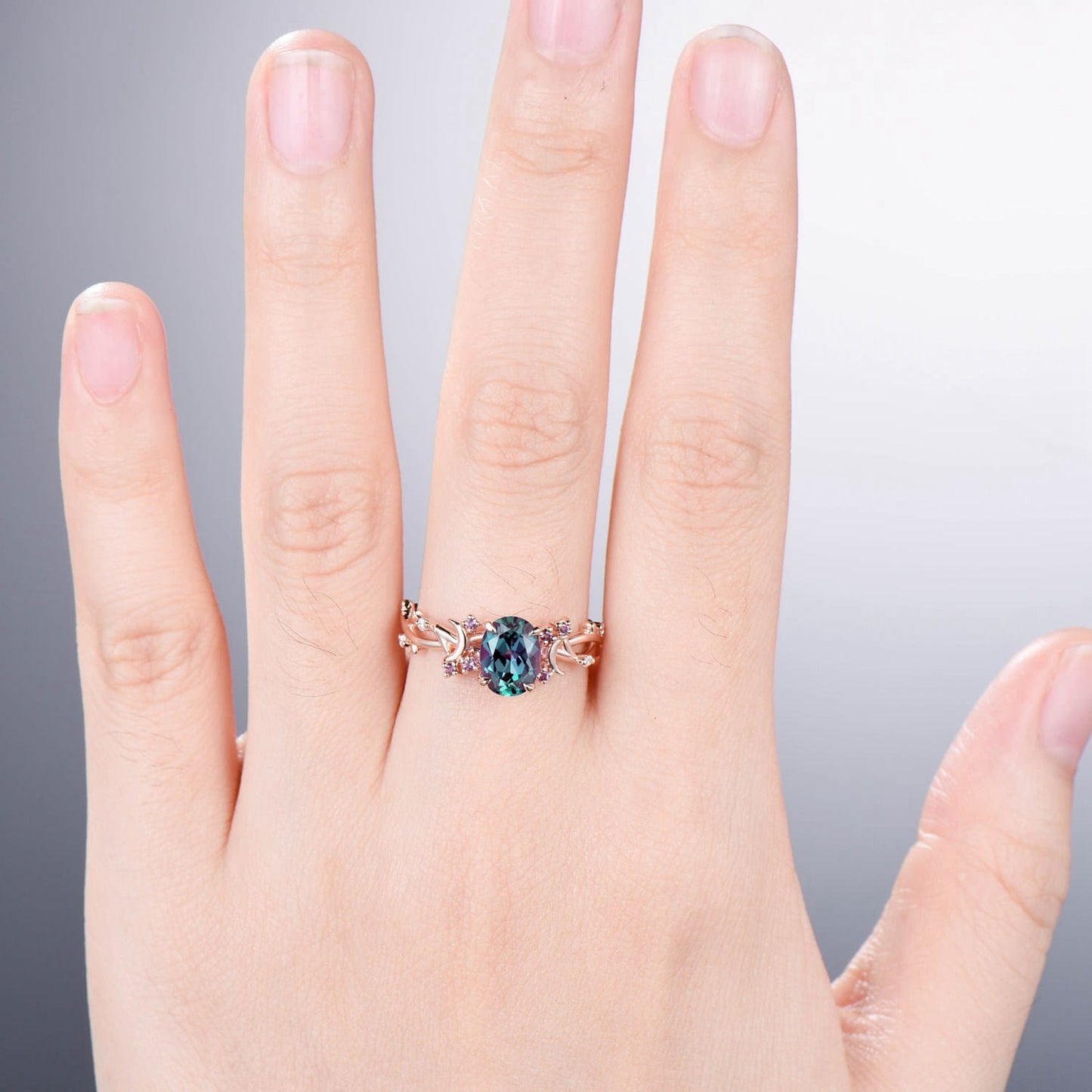 1.5CT Oval Cut Alexandrite Ring Twig Branch Color Change Moon Engagement Ring Vintage Unique Cluster Amethyst Wedding Ring Gift For Women - PENFINE