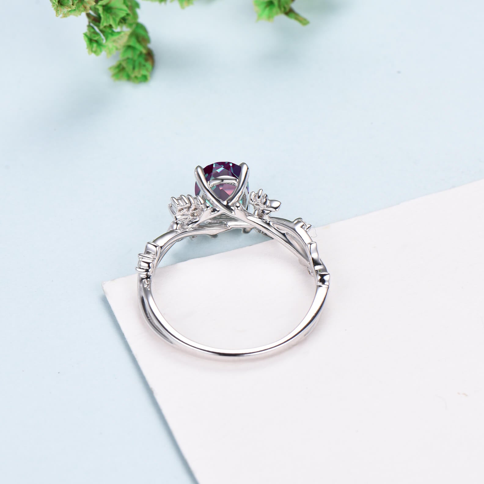 1.5CT Oval Cut Alexandrite Ring Twig Branch Color Change Moon Engagement Ring Vintage Unique Cluster Amethyst Wedding Ring Gift For Women - PENFINE