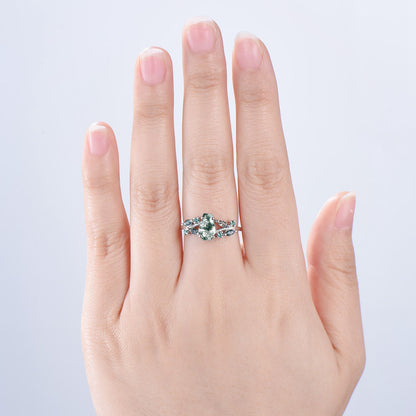 Unique Coffin Cut Moss Agate Ring Split Shank Engagement Ring Cluster Emerald Agate Wedding Ring MARRIED TILL BURIED Green Promise Ring Gift - PENFINE