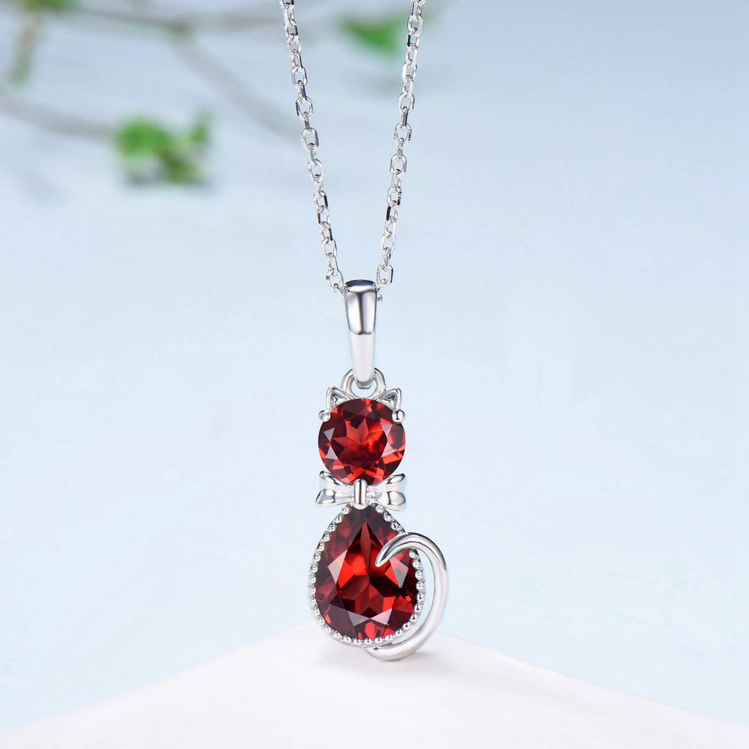 Dainty cat garnet pendant necklace art deco silver white gold Bow