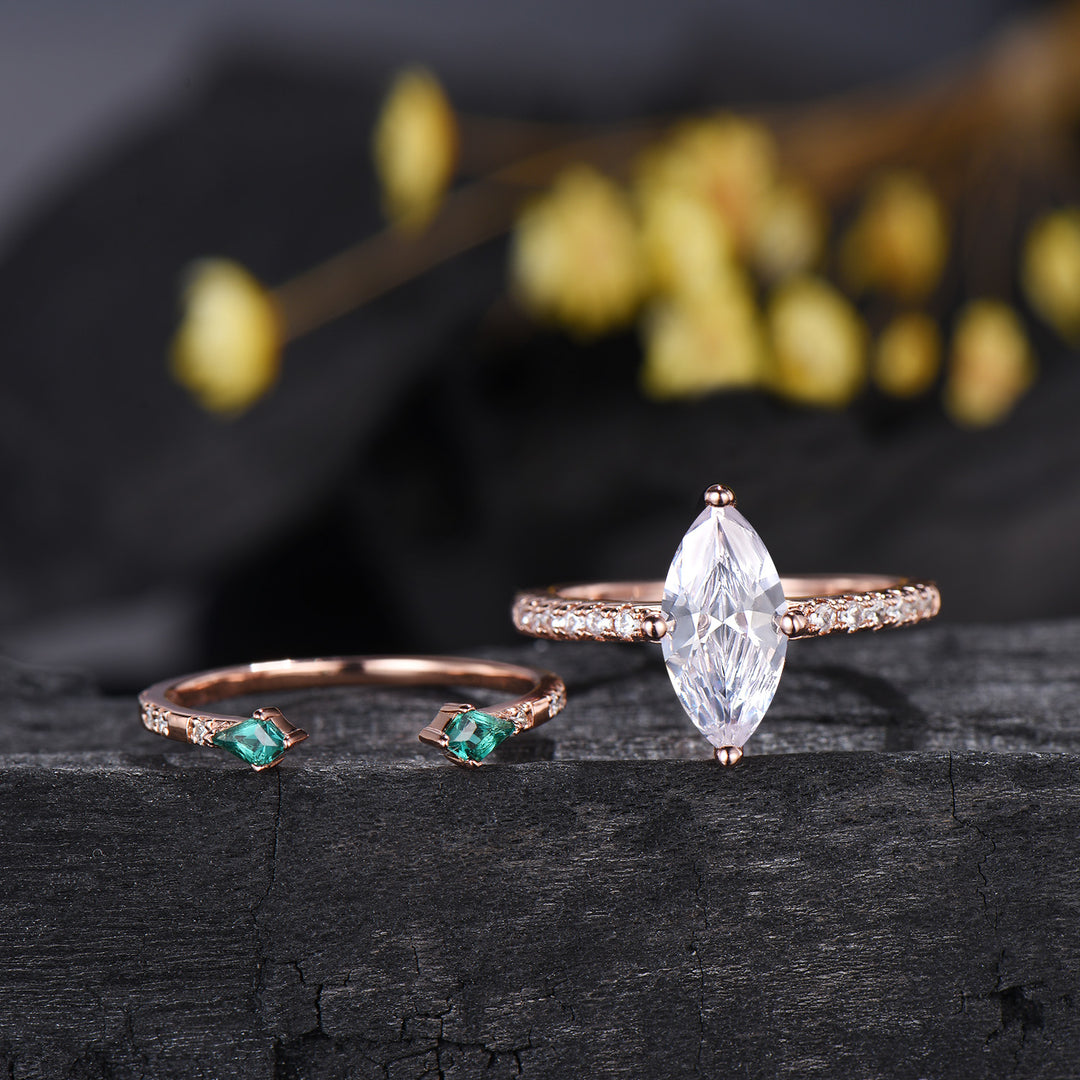1CT IGI Certified Marquise Cut Lab Grown Diamond Engagement Ring Set 14K Rose Gold Pave Diamond Bridal Wedding Jewelry Promise Gift