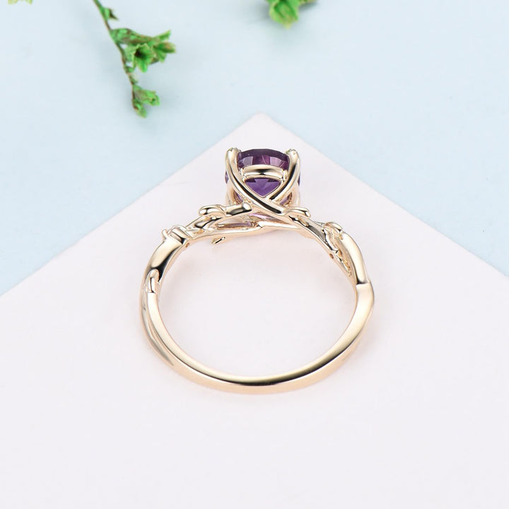 Round Purple Amethyst ring Leaf Engagement Ring 14K Yellow Gold Nature Inspired Wedding Ring Twig Unique Handmade Proposal Gifts for Women - PENFINE