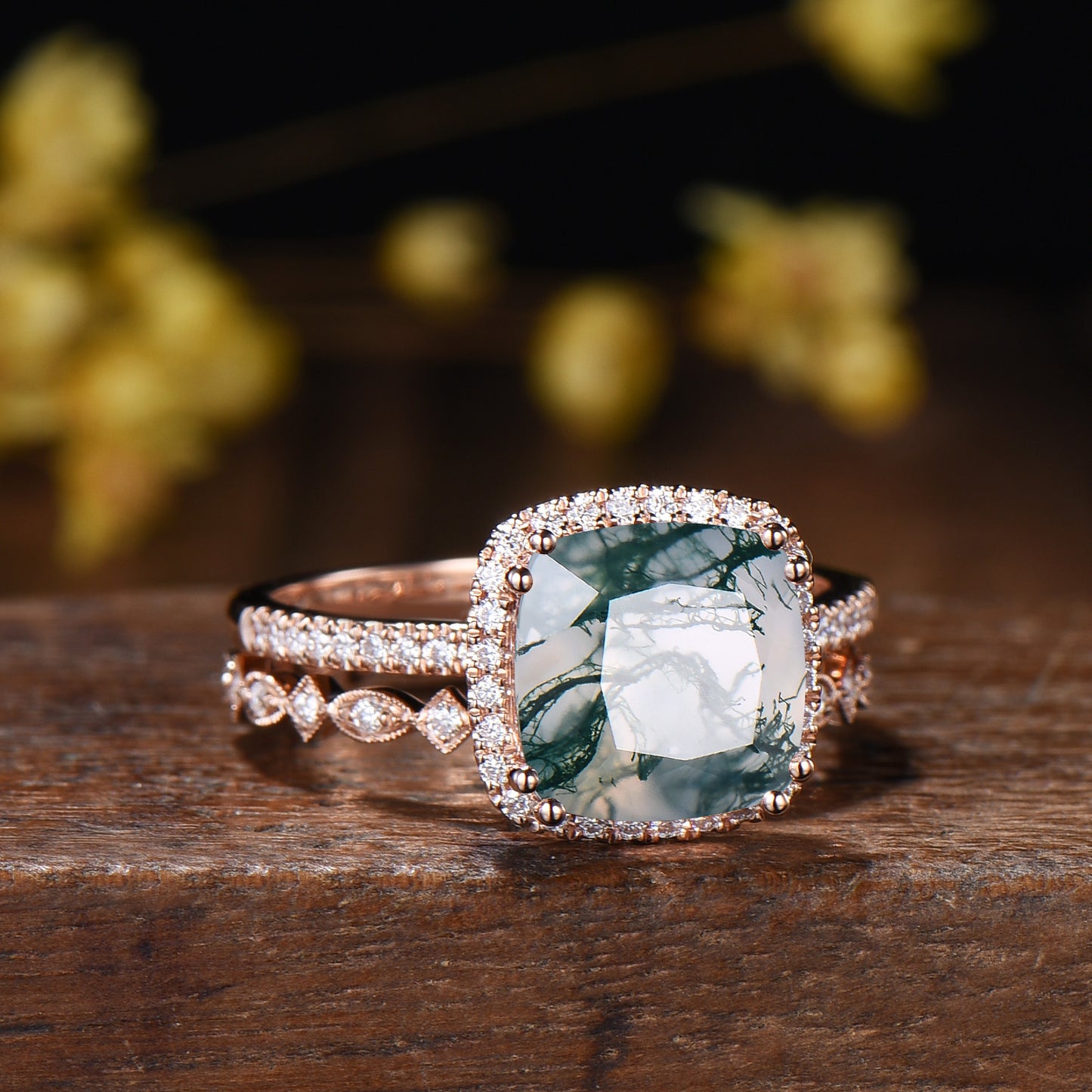 3ct Cushion Natural Moss Agate Engagement Ring Set, 14k Rose Gold Halo Diamond Bridal Ring, Art Deco Full Eternity Milgrain Band