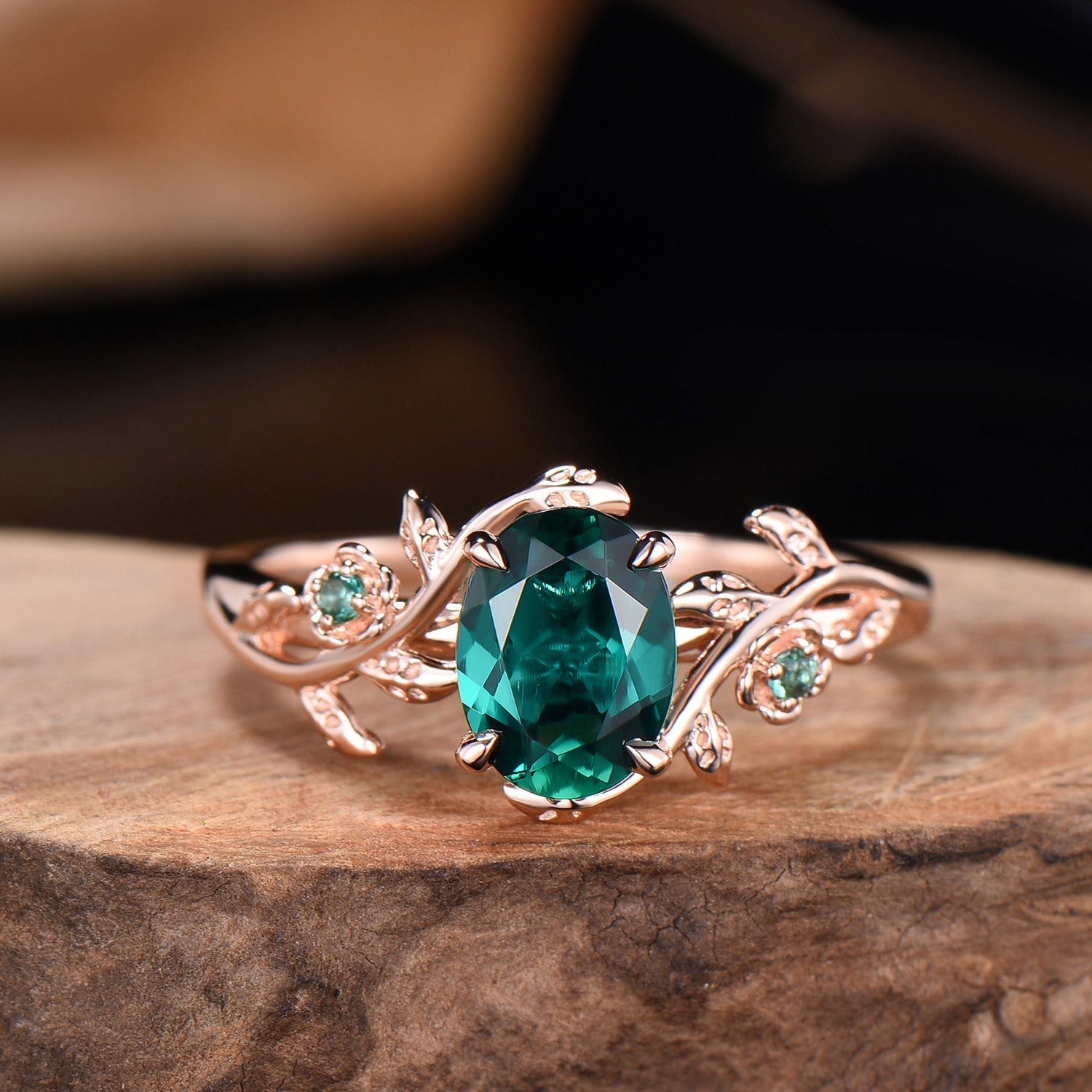 Emerald Floral Ring Set: Rose Gold Twig, Leaf, Art Deco Bridal Ring