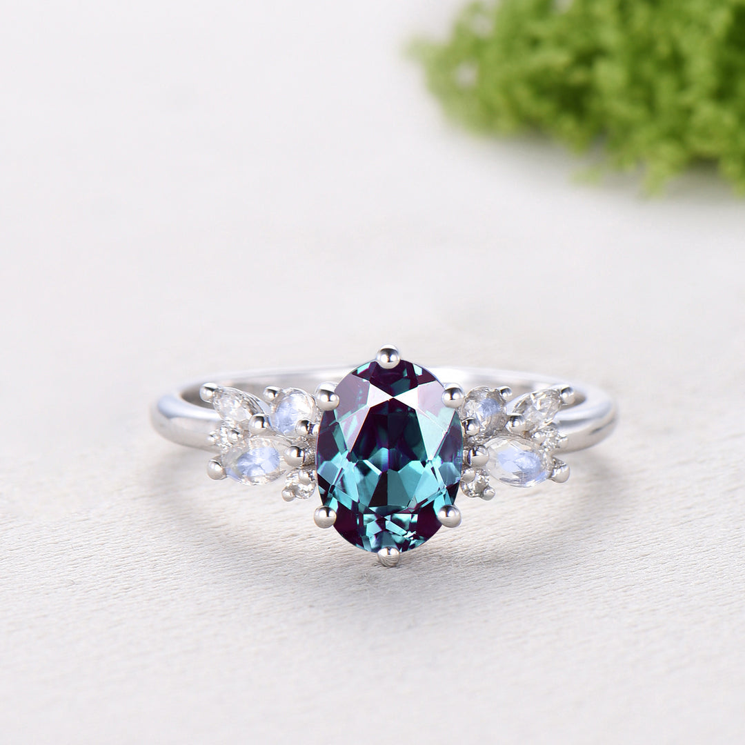 Unique Alexandrite Engagement Ring Set, 14k White Gold Moonstone June Birthstone Wedding Set, Leaf Amethyst Promise Stacking Band Bridal Set