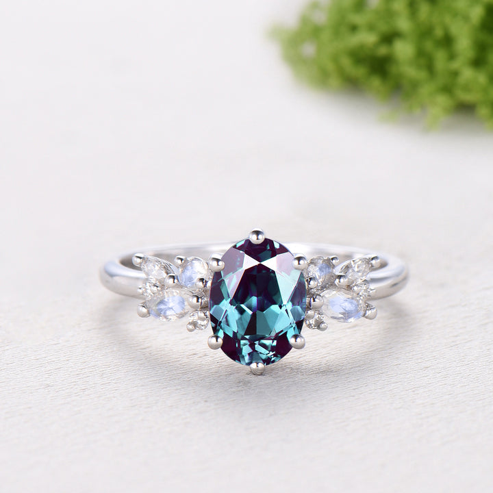 Unique Alexandrite Engagement Ring Set, 14k White Gold Moonstone June Birthstone Wedding Set, Leaf Amethyst Promise Stacking Band Bridal Set