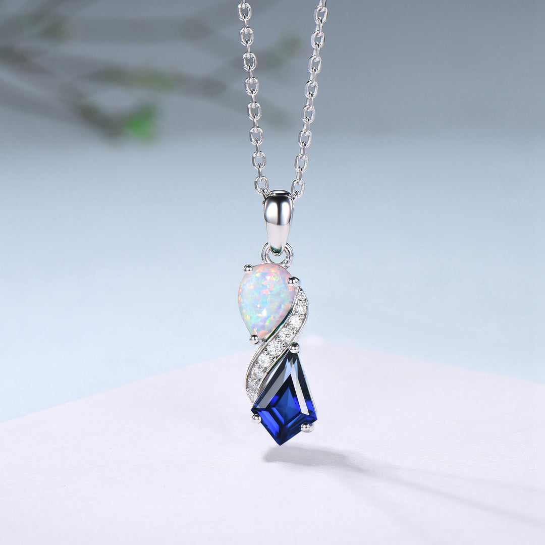 Unique Opal Sapphire Necklace Pendant Women Alternative Moissanite Pear Shaped Opal & Kite Blue Sapphire - PENFINE