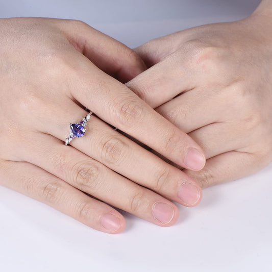 Celestial Tear Purple Sapphire Engagement Ring - Cluster Amethyst & Iridescent Opal Five Prongs