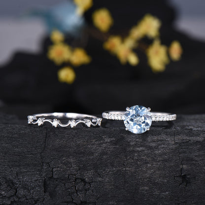 7mm Round Cut Aquamarine Engagement Ring Set - Diamond Wave Wedding Band
