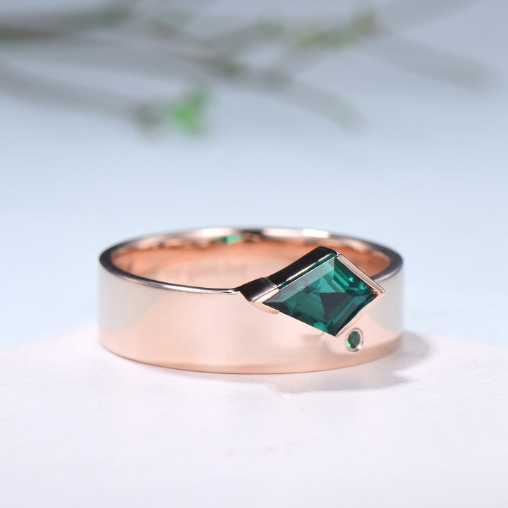 One Of a Kind Emerald Wedding Band For Men Unique Kite Cut Emerald Men's Wedding Ring 6mm Stacking Anniversary Matching Band Christmas Gift - PENFINE