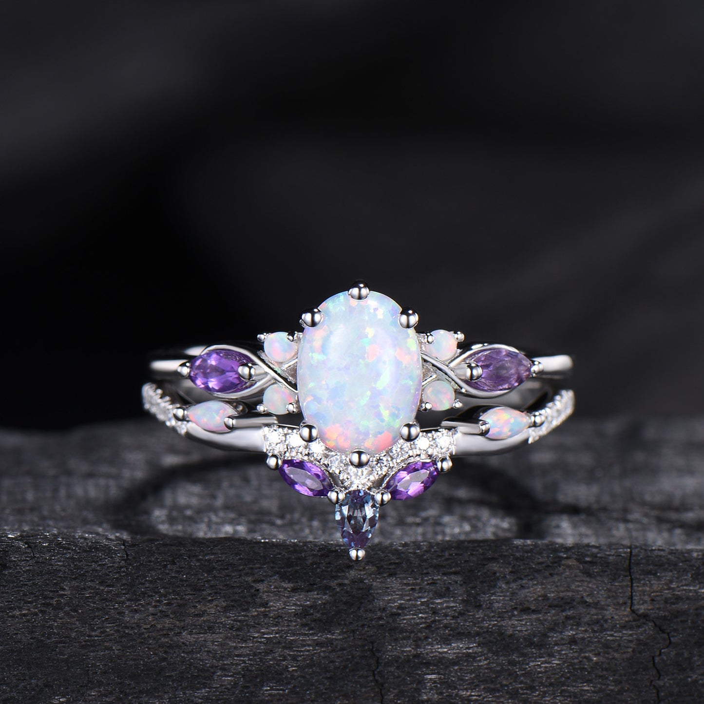 Vintage oval opal engagement ring set 14k white gold twisted unique fire opal amethyst wedding ring set art deco anniversary gift bridal set