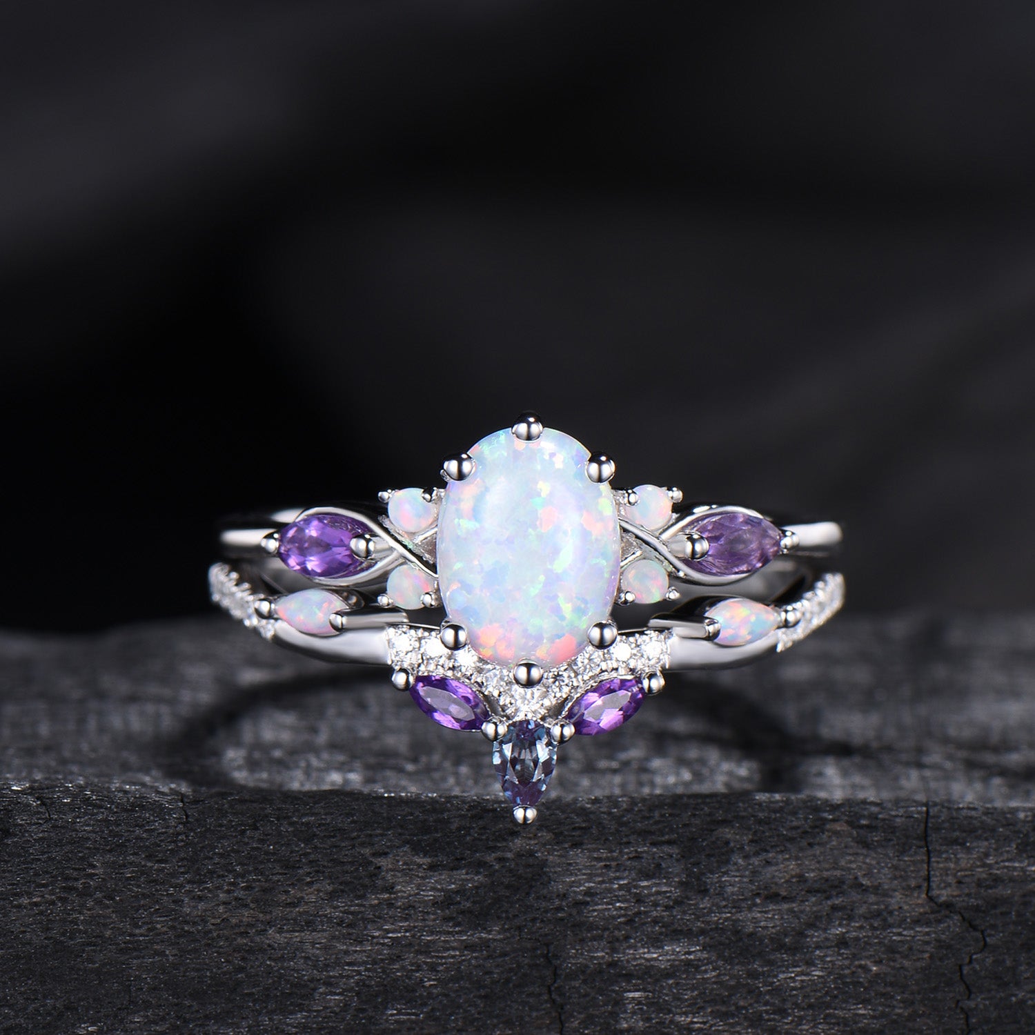 Vintage oval opal engagement ring set 14k white gold twisted unique fire opal amethyst wedding ring set art deco anniversary gift bridal set