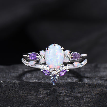 Vintage oval opal engagement ring set 14k white gold twisted unique fire opal amethyst wedding ring set art deco anniversary gift bridal set