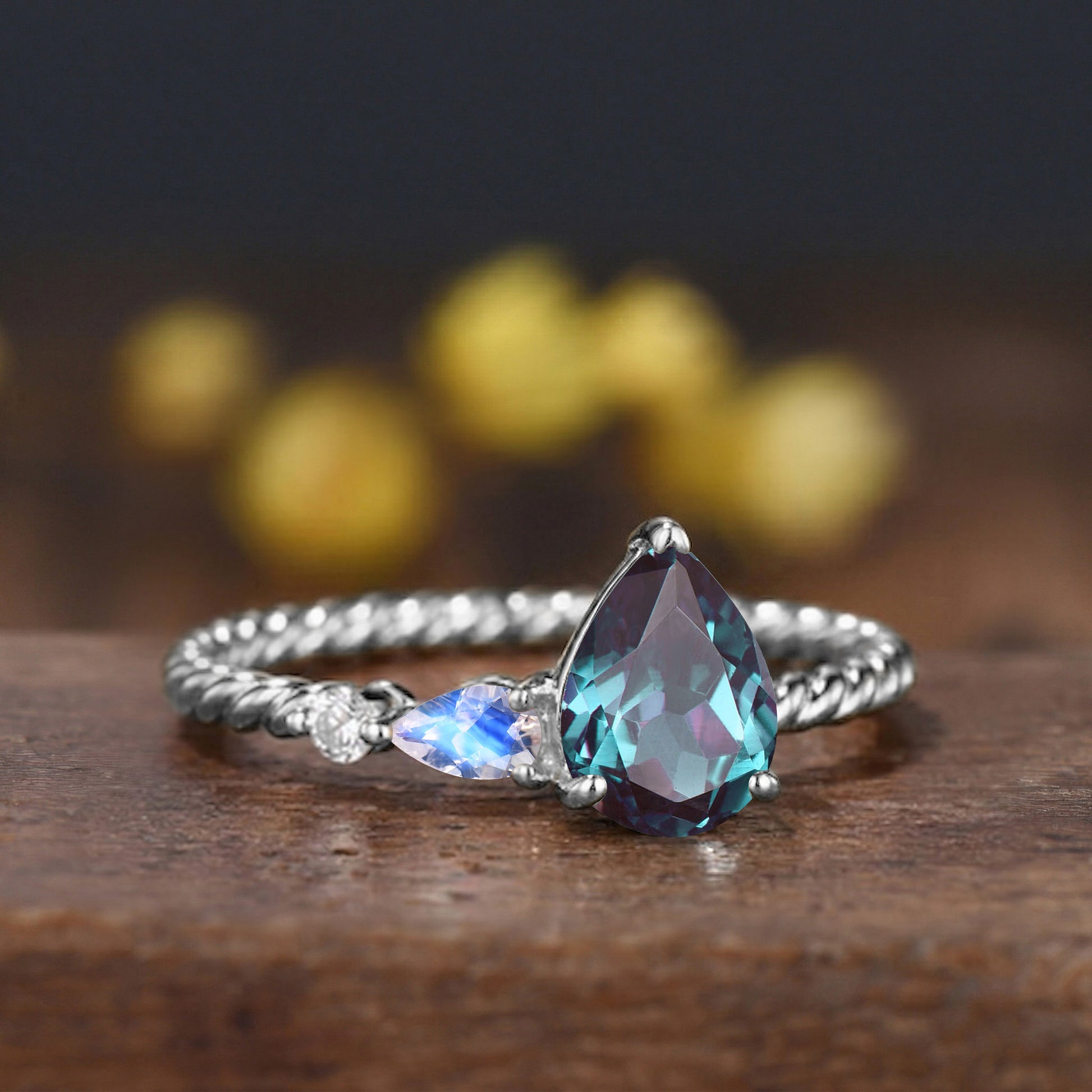 Vintage Alexandrite Moonstone Engagement Ring, 14k Rose Gold Twisted Band, Three Stone Promise Ring