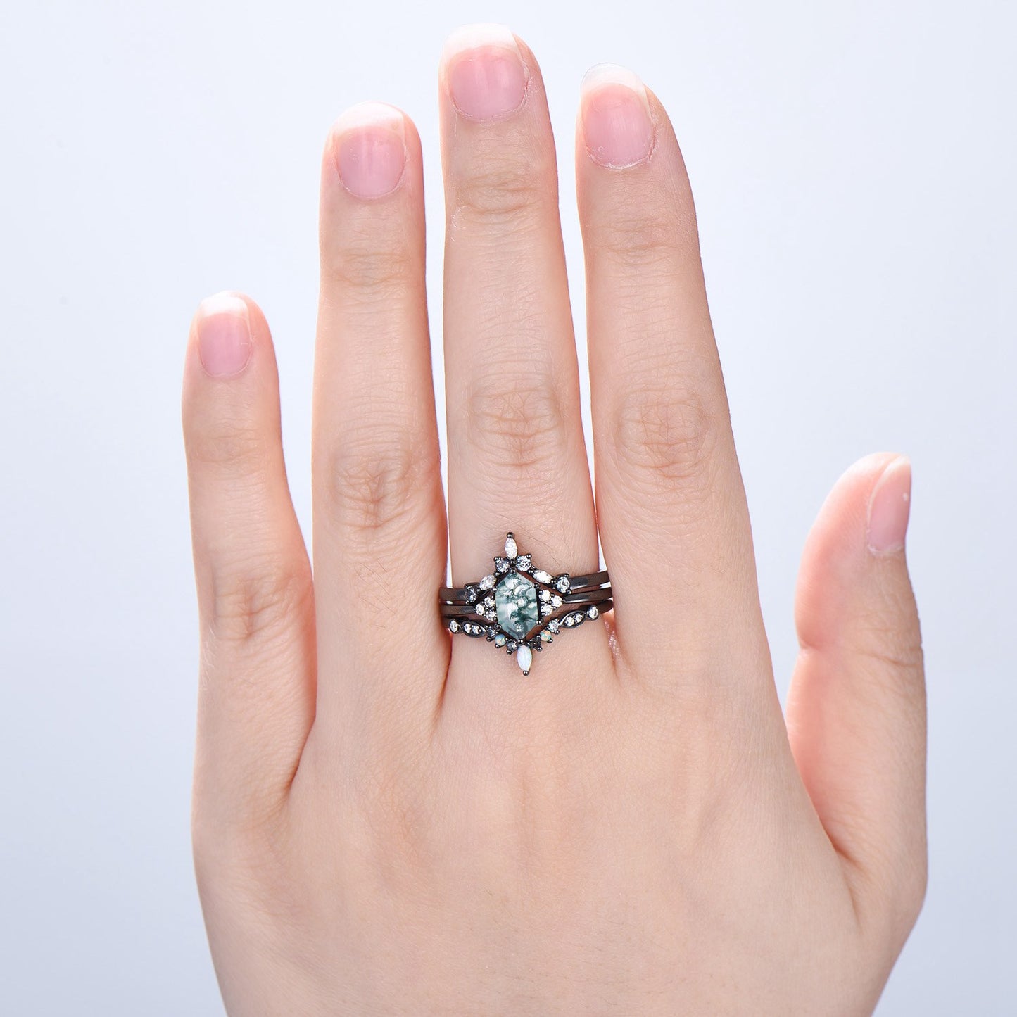 3pcs Black Gold Moss Agate Wedding Ring Set, Long Hexagon Natural Green Agate Gothic Engagement Ring, Unique Alexandrite Opal Stacking Band - PENFINE