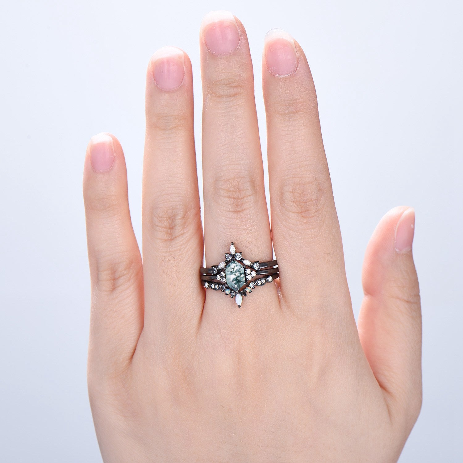 3pcs Black Gold Moss Agate Wedding Ring Set, Long Hexagon Natural Green Agate Gothic Engagement Ring, Unique Alexandrite Opal Stacking Band - PENFINE