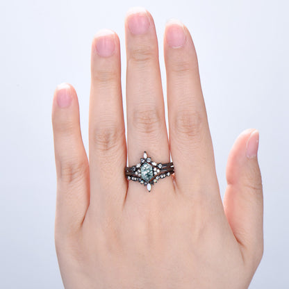 3pcs Black Gold Moss Agate Wedding Ring Set, Long Hexagon Natural Green Agate Gothic Engagement Ring, Unique Alexandrite Opal Stacking Band - PENFINE