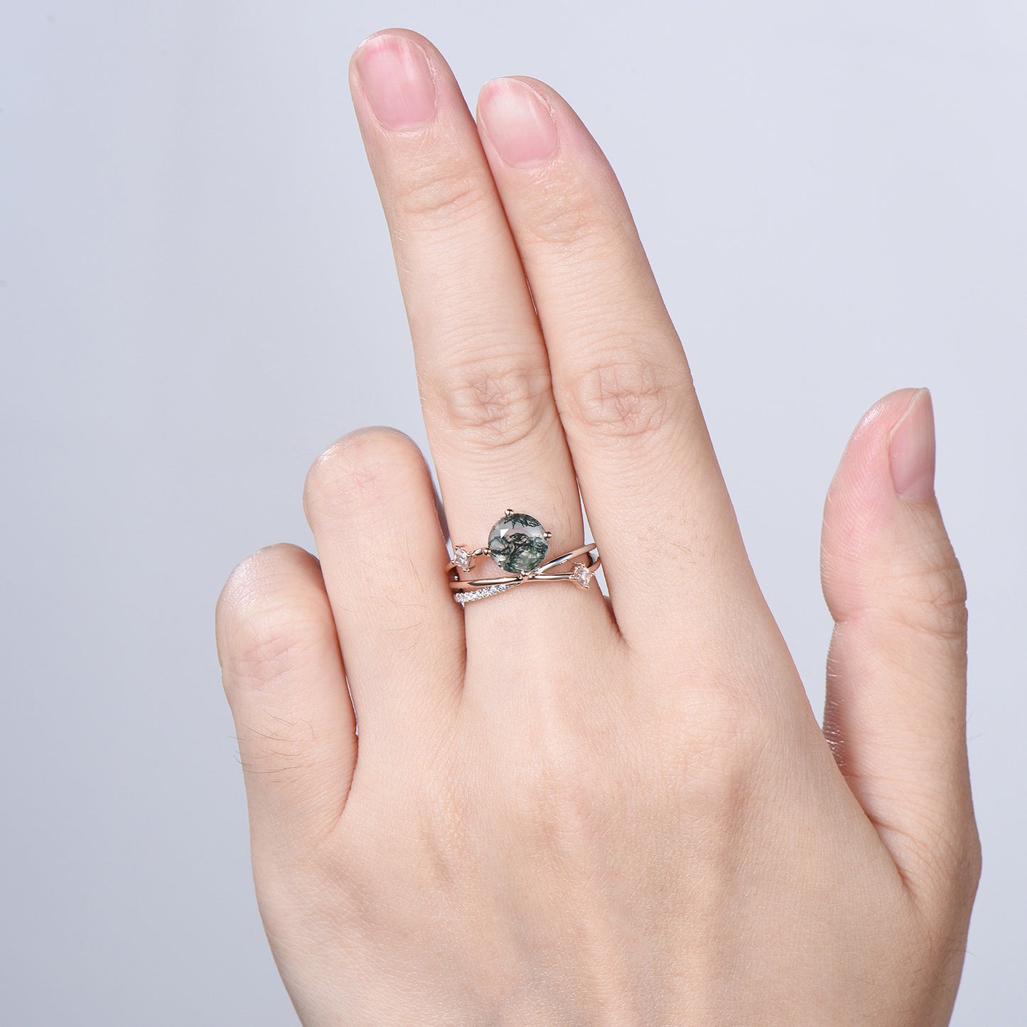 Unique Two Tone Rose White Gold Moss Agate Ring, 7mm Round Agate Split Shank Engagement Ring Twisted Diamond Band Unique Anniversary Gift