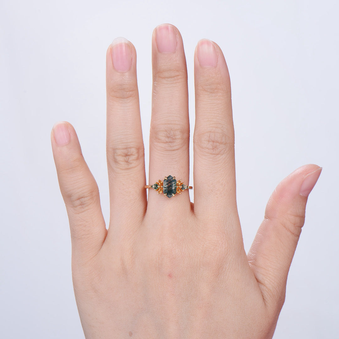 Elongated Hexagon Moss Agate Ring with Citrine Accents - Woodland Sunburst Ring - PENFINE