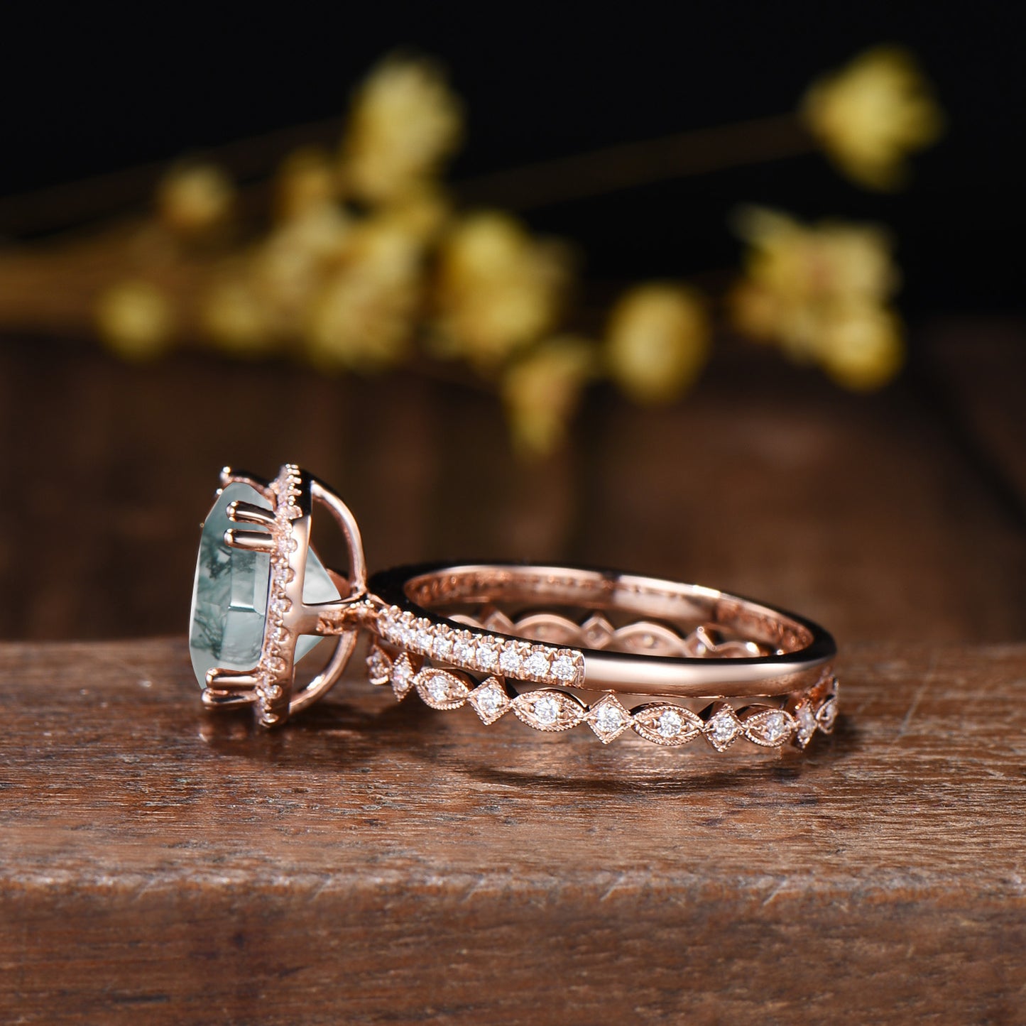 3ct Cushion Natural Moss Agate Engagement Ring Set, 14k Rose Gold Halo Diamond Bridal Ring, Art Deco Full Eternity Milgrain Band