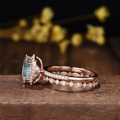 3ct Cushion Natural Moss Agate Engagement Ring Set, 14k Rose Gold Halo Diamond Bridal Ring, Art Deco Full Eternity Milgrain Band