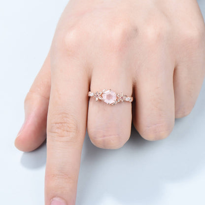 Nature Inspired Flower Rose Quartz Engagement Ring Vintage Unique Retro Pink Tourmaline Wedding Ring Leaves Twisted Wedding Ring For Women - PENFINE