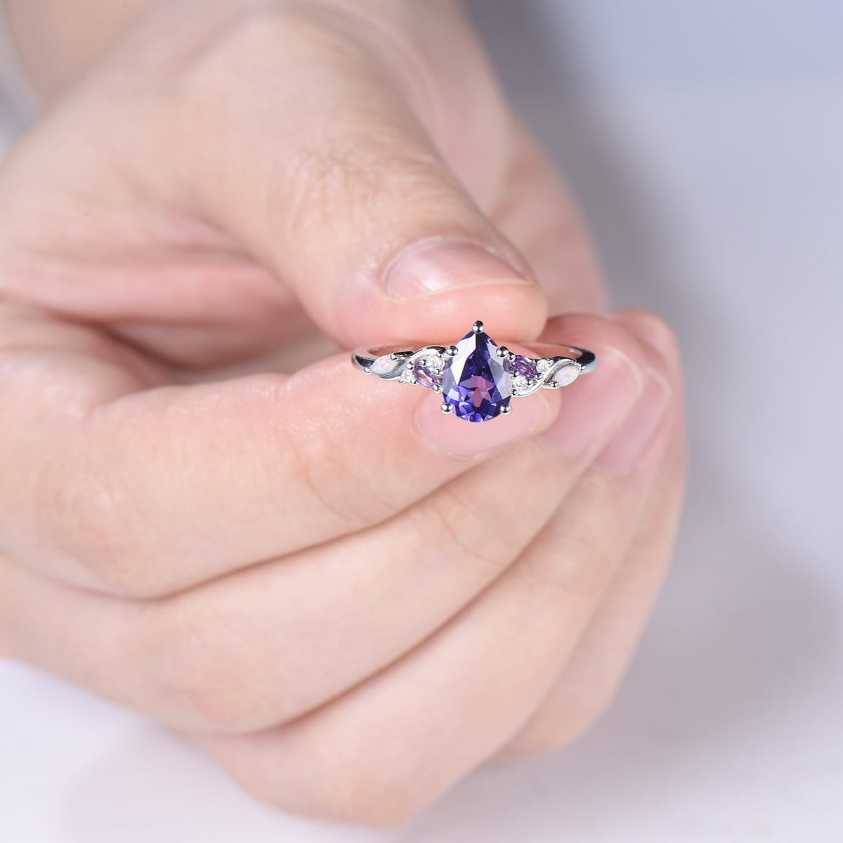 Celestial Tear Purple Sapphire Engagement Ring - Cluster Amethyst & Iridescent Opal Five Prongs
