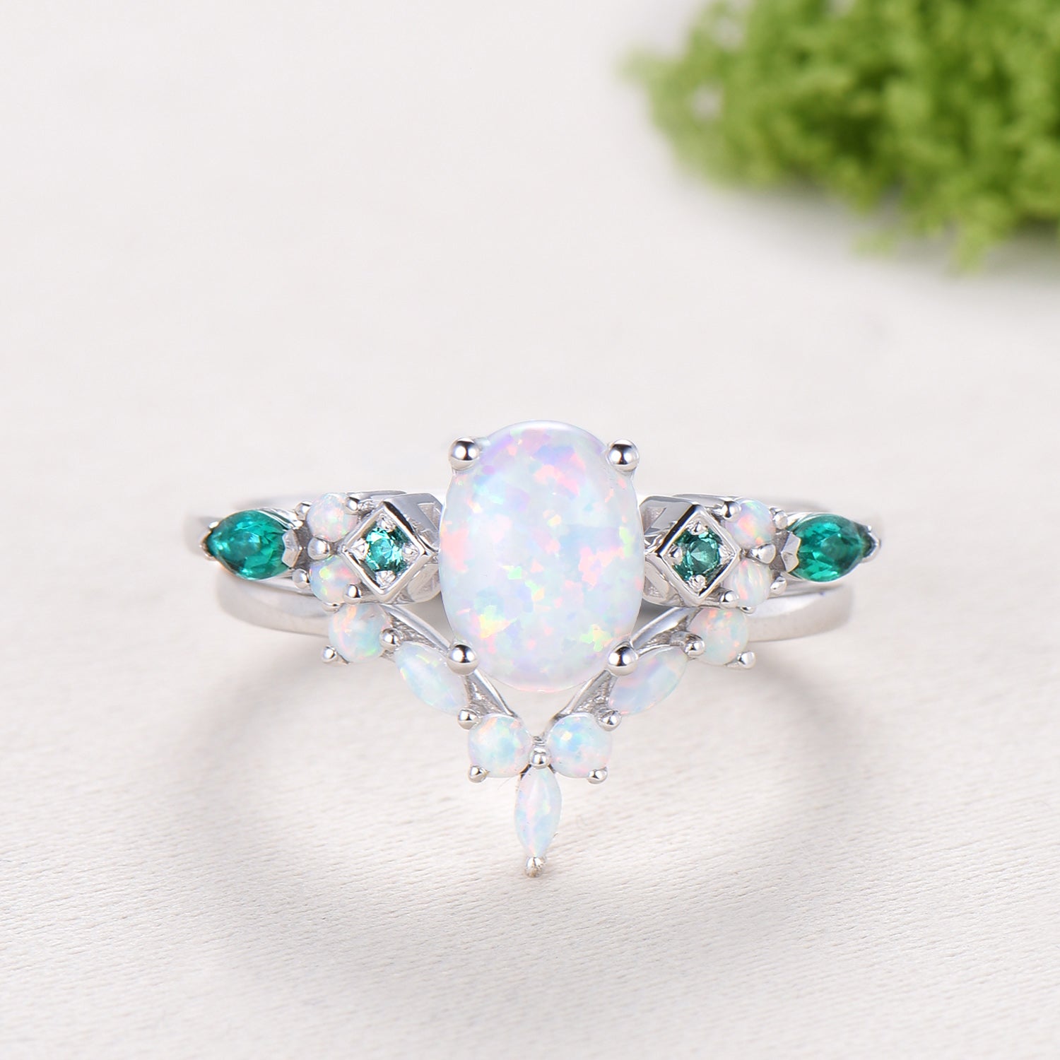 Unique Oval White Opal Engagement Ring Set , Art Deco Emerald/Turquoise Matching Band 14K White Gold Opal Emerald Wedding Bridal Set