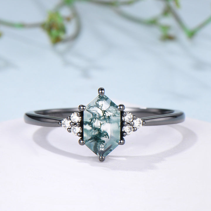 3pcs Black Gold Moss Agate Wedding Ring Set, Long Hexagon Natural Green Agate Gothic Engagement Ring, Unique Alexandrite Opal Stacking Band - PENFINE
