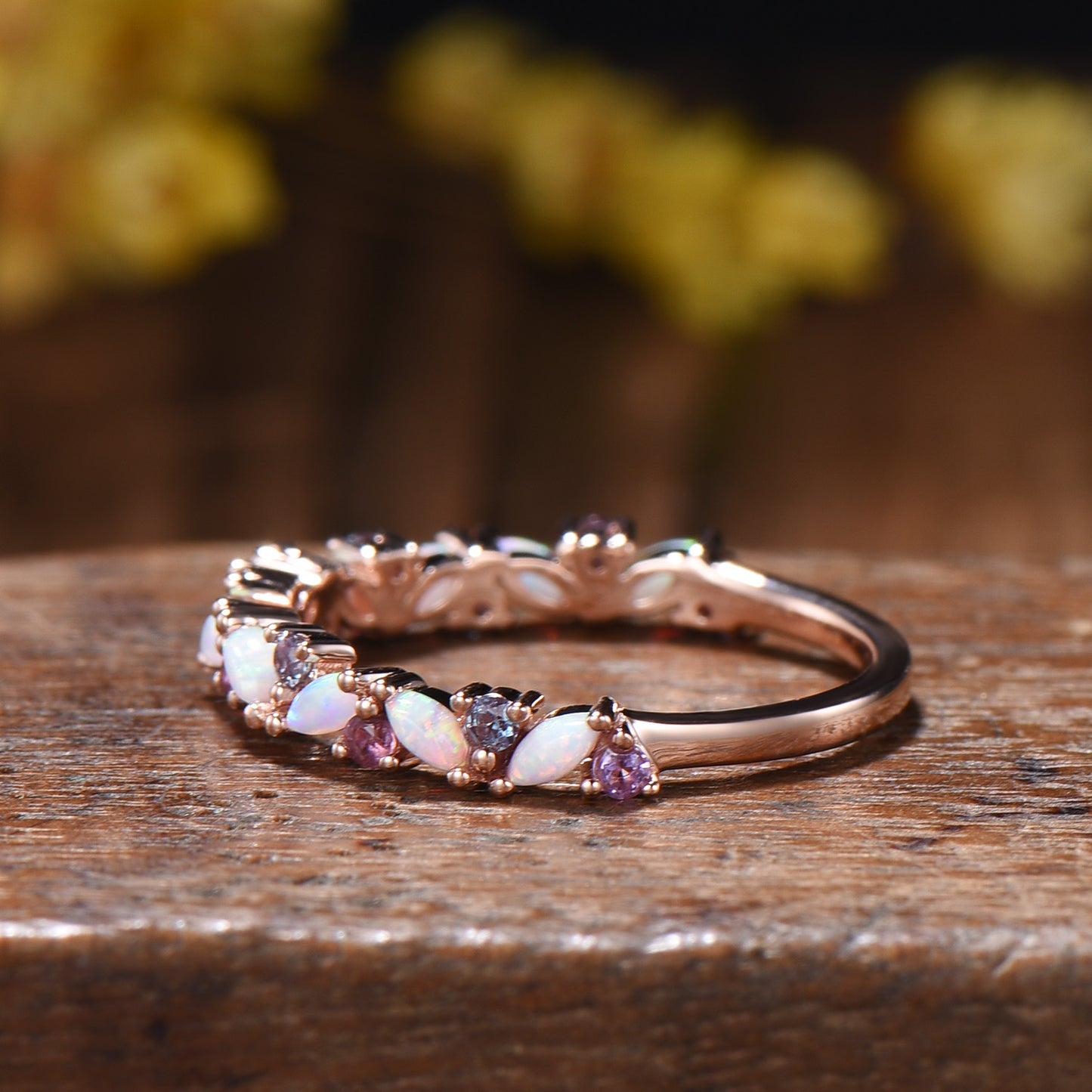 Marquise Opal Wedding Band: Alternative alexandrite amethyst Solid Gold Anniversary Ring