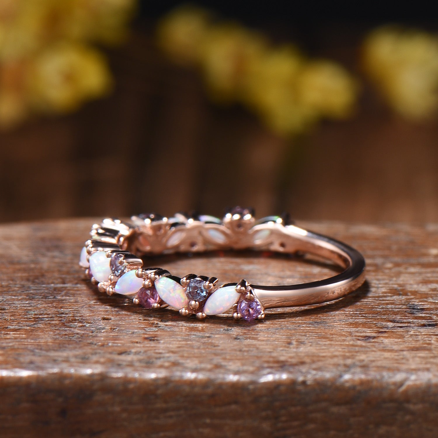 Marquise Opal Wedding Band: Alternative alexandrite amethyst Solid Gold Anniversary Ring