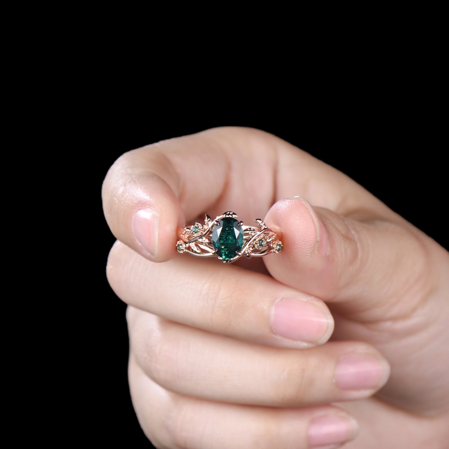 Emerald Floral Ring Set: Rose Gold Twig, Leaf, Art Deco Bridal Ring