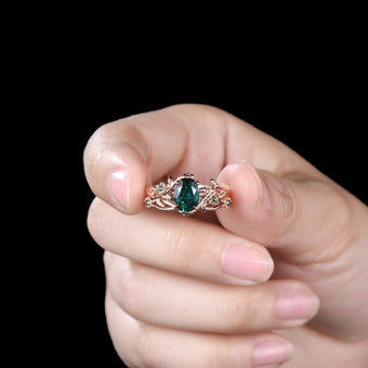 Emerald Floral Ring Set: Rose Gold Twig, Leaf, Art Deco Bridal Ring