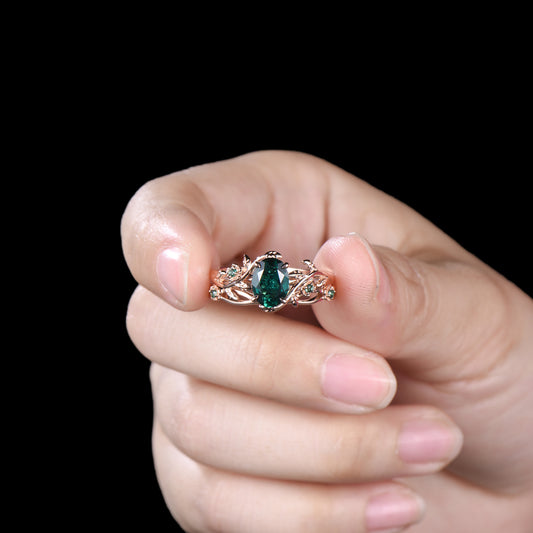 Emerald Floral Ring Set: Rose Gold Twig, Leaf, Art Deco Bridal Ring