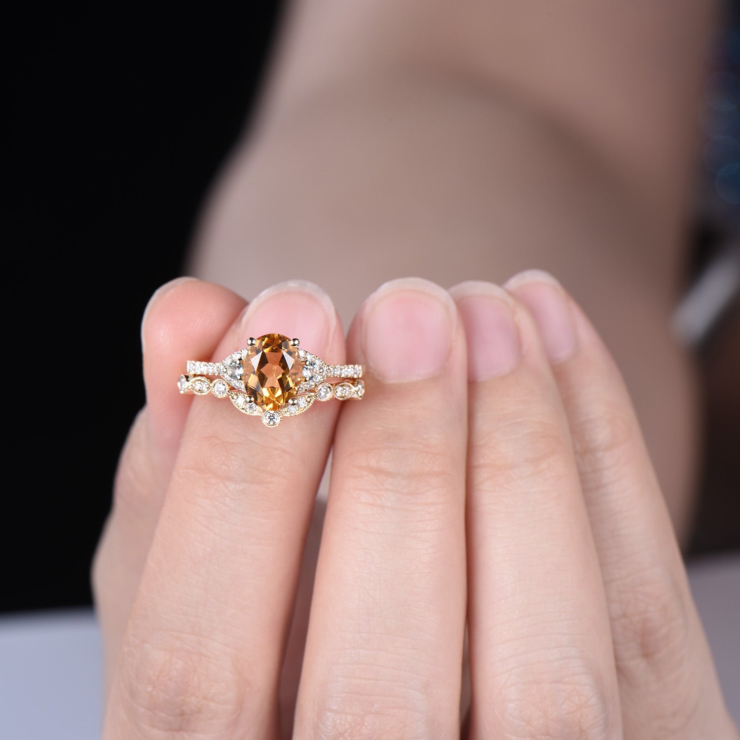 Oval Cut Natural Citrine Engagement Ring Diamond Matching Band Cluster Bridal Set