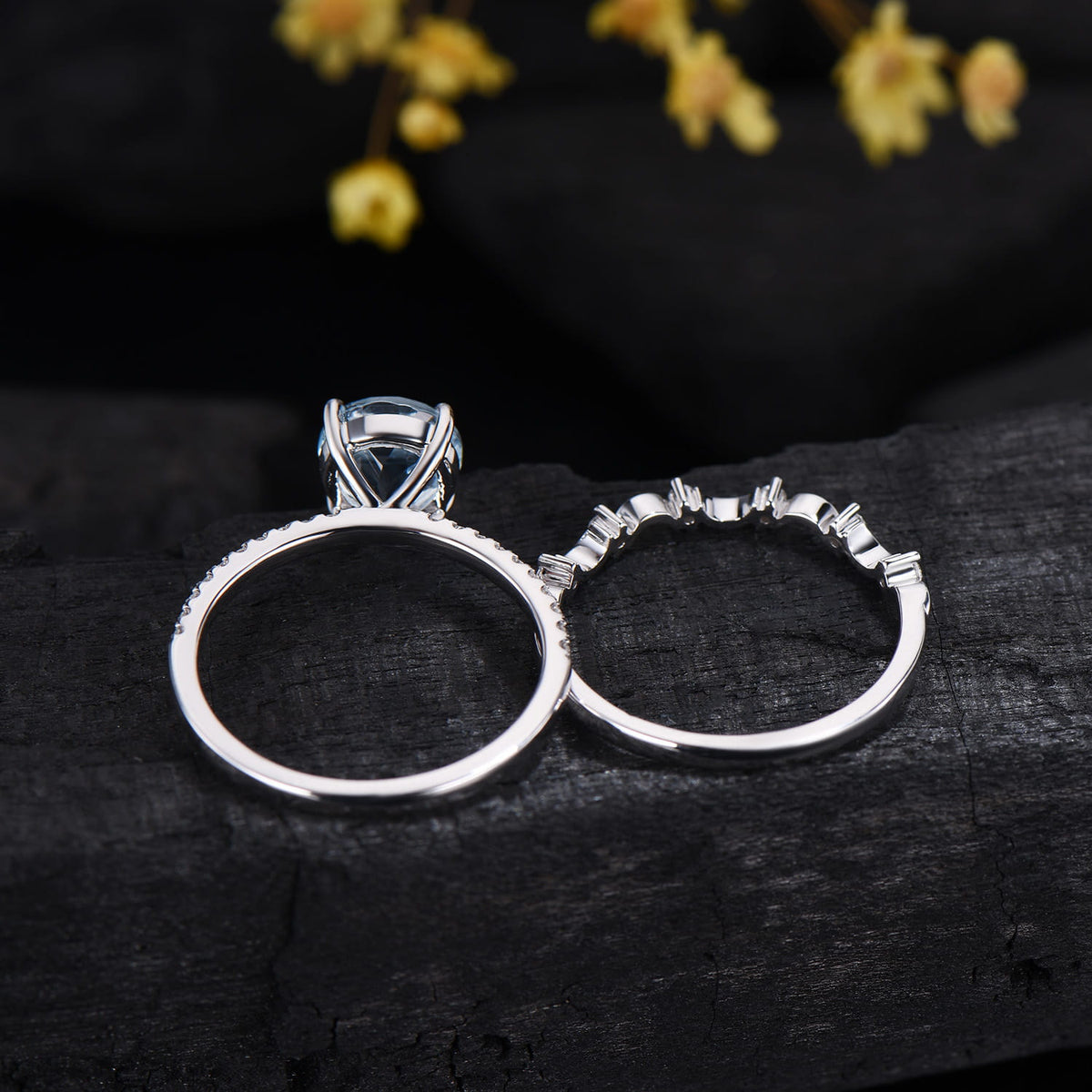 7mm Round Cut Aquamarine Engagement Ring Set - Diamond Wave Wedding Band