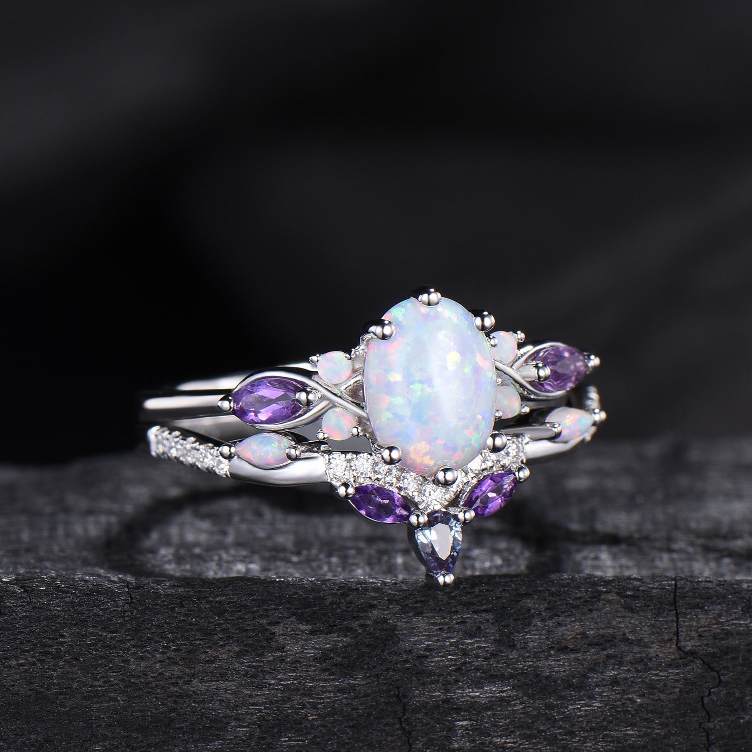 Vintage oval opal engagement ring set 14k white gold twisted unique fire opal amethyst wedding ring set art deco anniversary gift bridal set