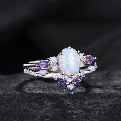 Vintage oval opal engagement ring set 14k white gold twisted unique fire opal amethyst wedding ring set art deco anniversary gift bridal set