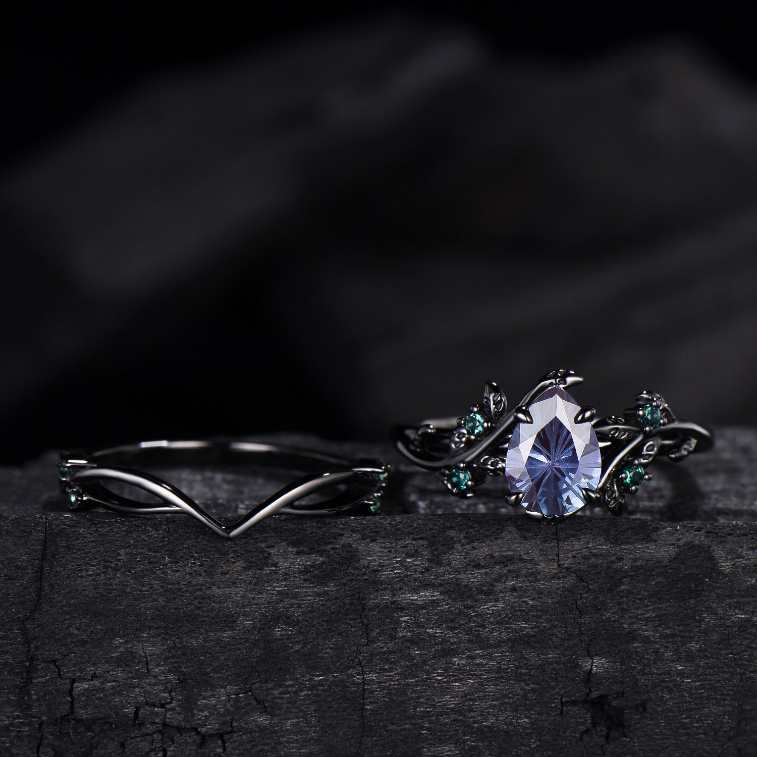 Fireworks Cut Alexandrite Engagement Ring Set Twig Vine Nature Inspired Black Gold Emerald Cluster Bridal Set